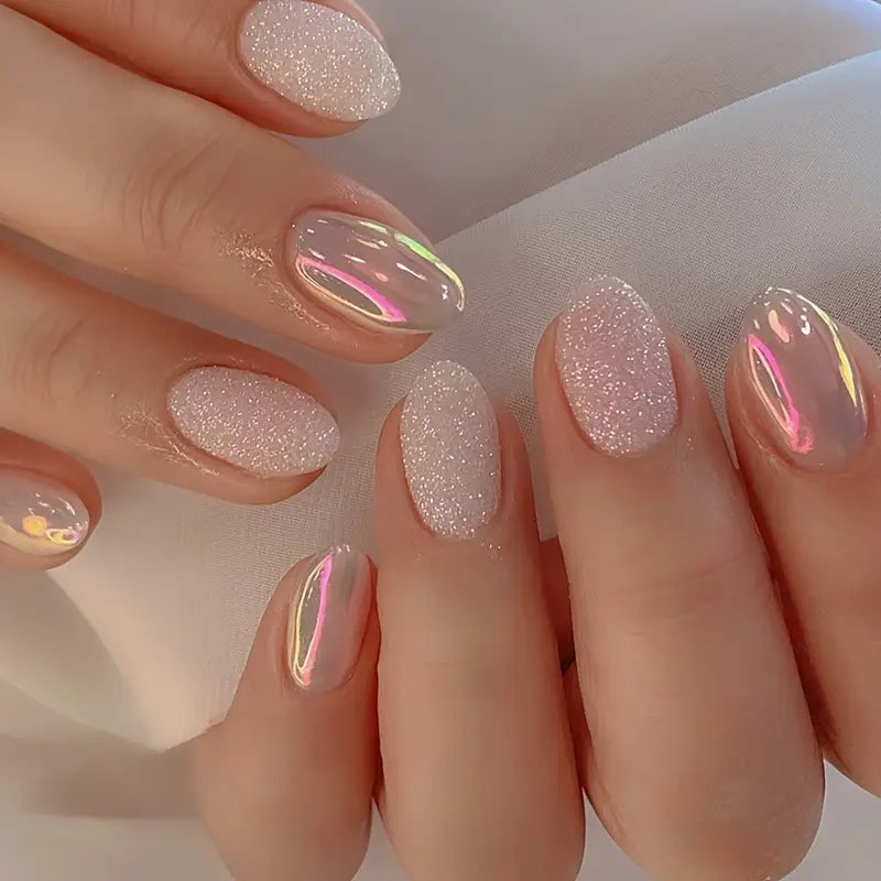 Re - usable Press on Nails - Iridescent Pink Glitter